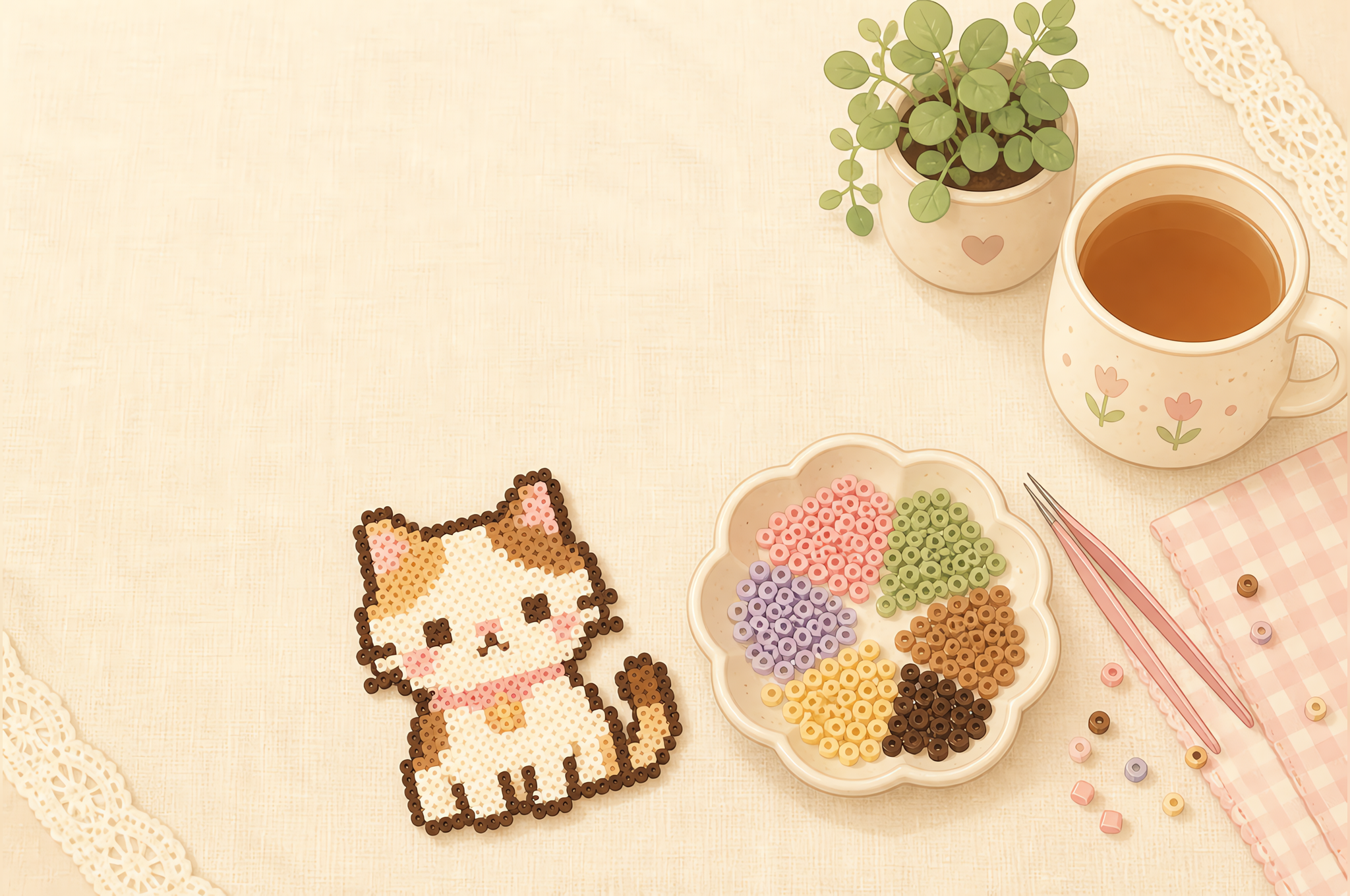 A finished pixel-art cat made from fuse beads on a linen table, beside a dish of pastel beads, tweezers and a mug of tea.